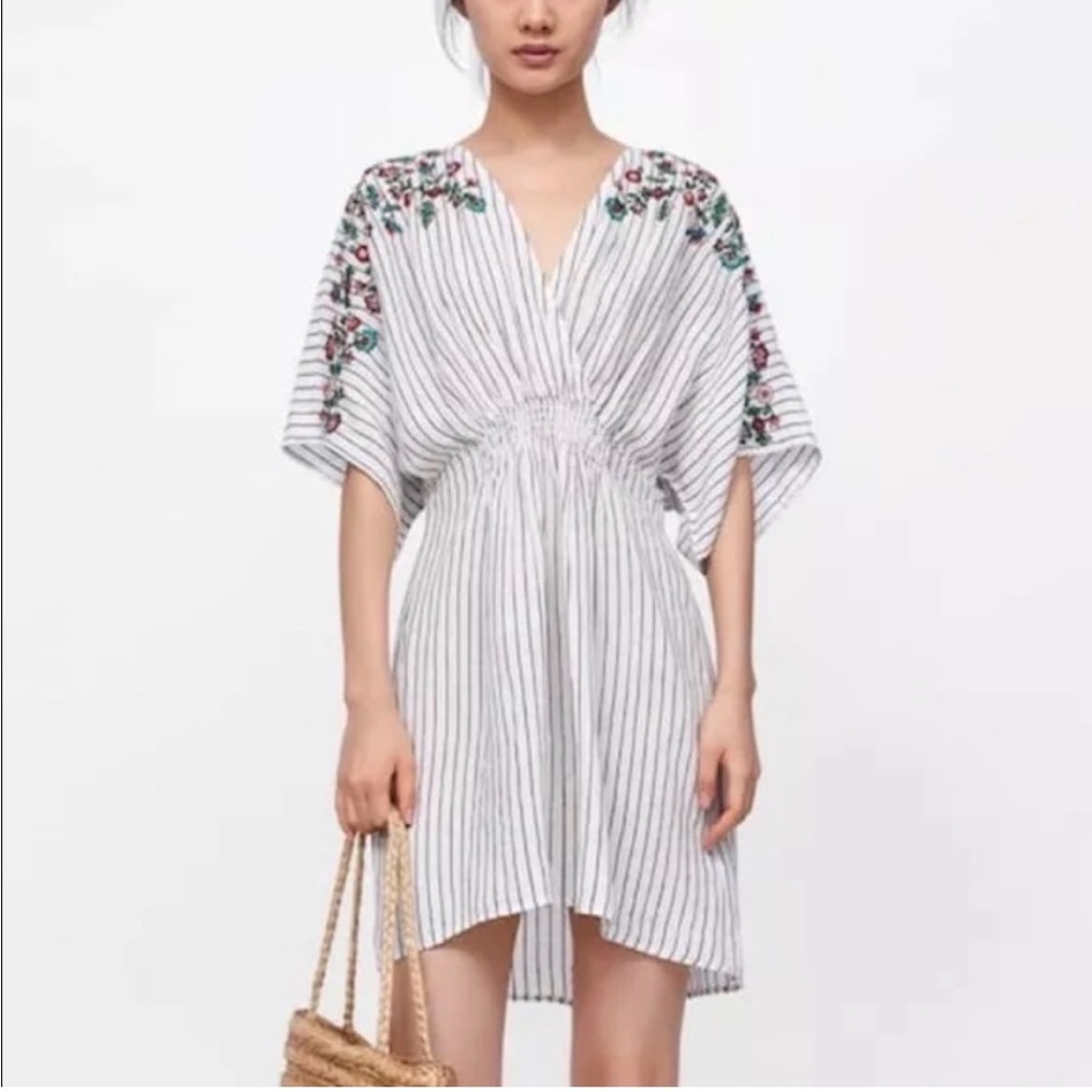 Zara Striped White and Black V-Neck Tunic with Floral Embroidered Shoulders